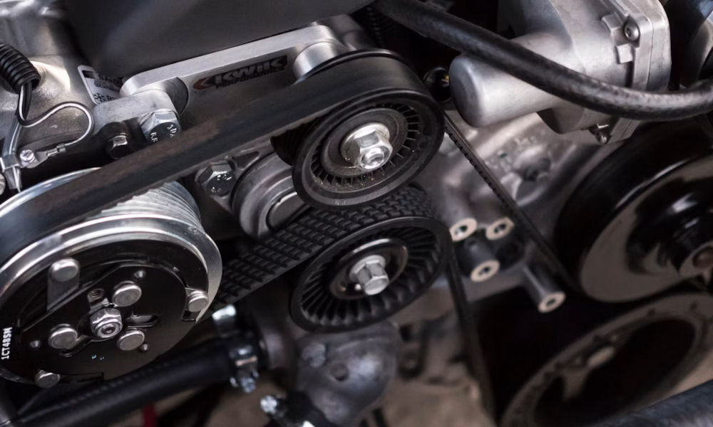 Close-up of a car engine bay and vehicle components